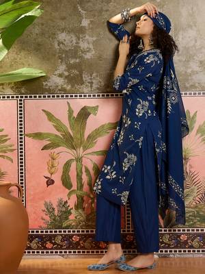 Teal blue printed kurta with trousers & dupatta set 4