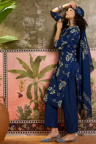 Teal blue printed kurta with trousers & dupatta set