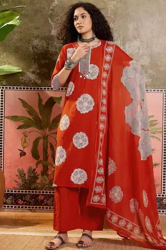 Rust orange printed kurta with trousers & dupatta set