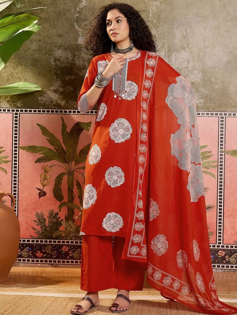 Rust orange printed kurta with trousers & dupatta set