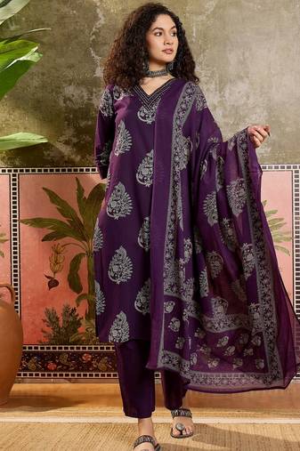 Purple printed kurta with trousers & dupatta set