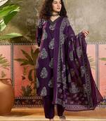 Purple printed kurta with trousers & dupatta set
