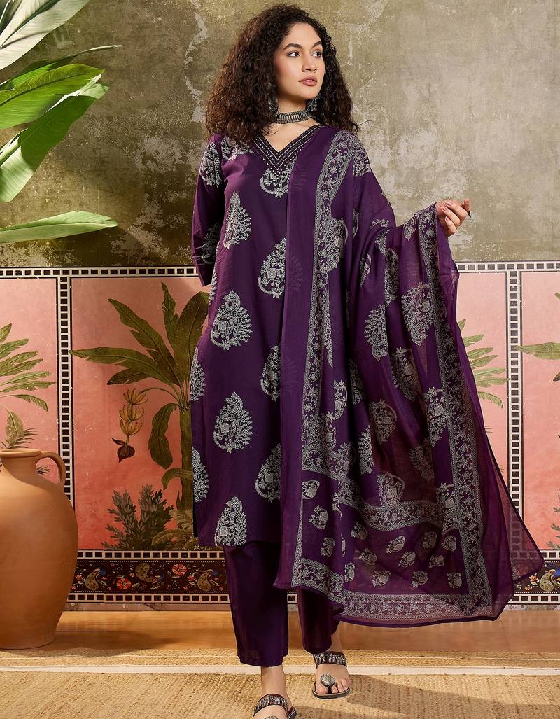 Purple printed kurta with trousers & dupatta set