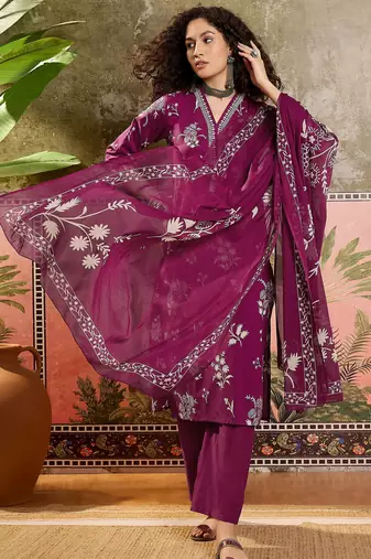 Wine printed kurta with trousers & dupatta set