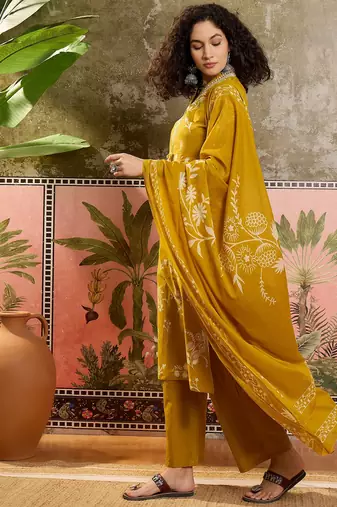 Mustard printed kurta with trousers & dupatta set