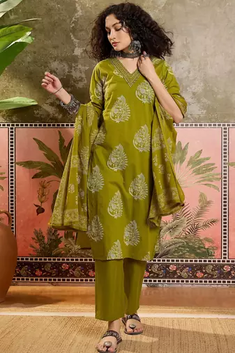 Green printed kurta with trousers & dupatta set