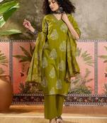 Green printed kurta with trousers & dupatta set