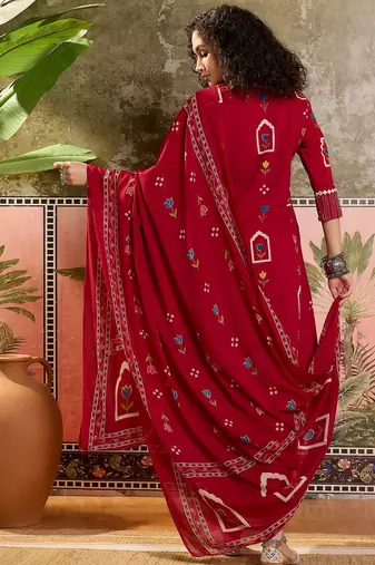 Red printed kurta with trousers & dupatta set