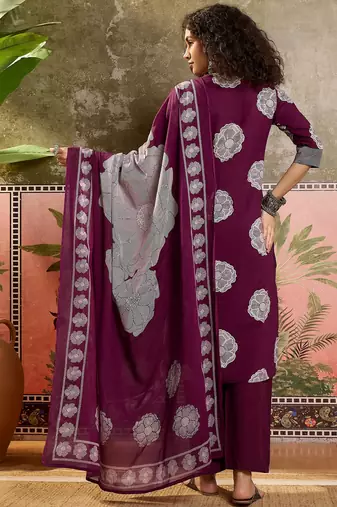 Wine printed kurta with trousers & dupatta set