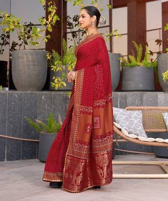 Red printed woven cotton silk bandhani saree with blouse 3
