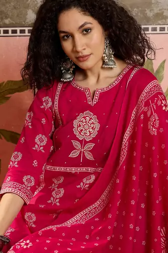 Pink printed kurta with trousers & dupatta set