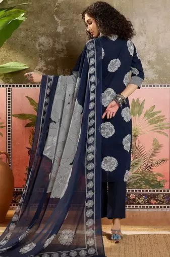 Blue printed kurta with trousers & dupatta set