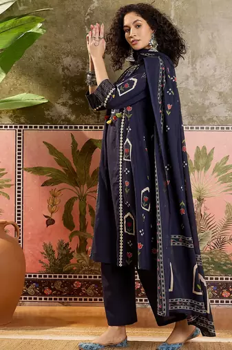 Blue printed kurta with trousers & dupatta set