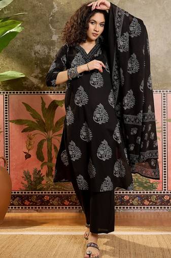 Black printed kurta with trousers & dupatta set