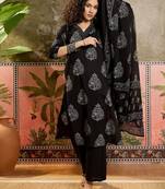 Black printed kurta with trousers & dupatta set