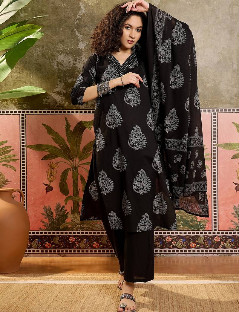 Black printed kurta with trousers & dupatta set