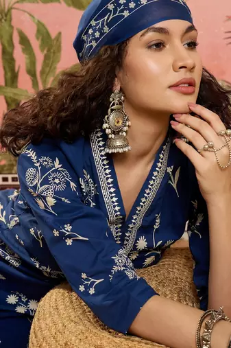 Teal blue printed kurta with trousers & dupatta set