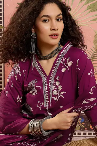 Wine printed kurta with trousers & dupatta set
