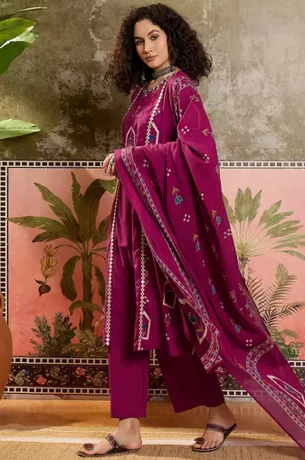 Wine printed kurta with trousers & dupatta set