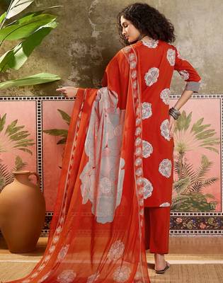 Rust orange printed kurta with trousers & dupatta set 2