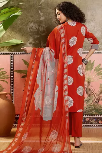 Rust orange printed kurta with trousers & dupatta set