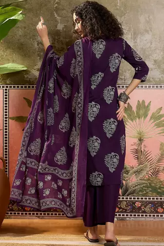 Purple printed kurta with trousers & dupatta set