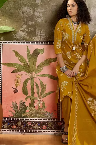 Mustard printed kurta with trousers & dupatta set