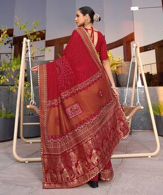 Red printed woven cotton silk bandhani saree with blouse 4