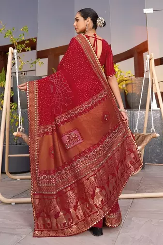 Red printed woven cotton silk bandhani saree with blouse