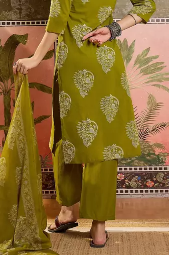 Green printed kurta with trousers & dupatta set