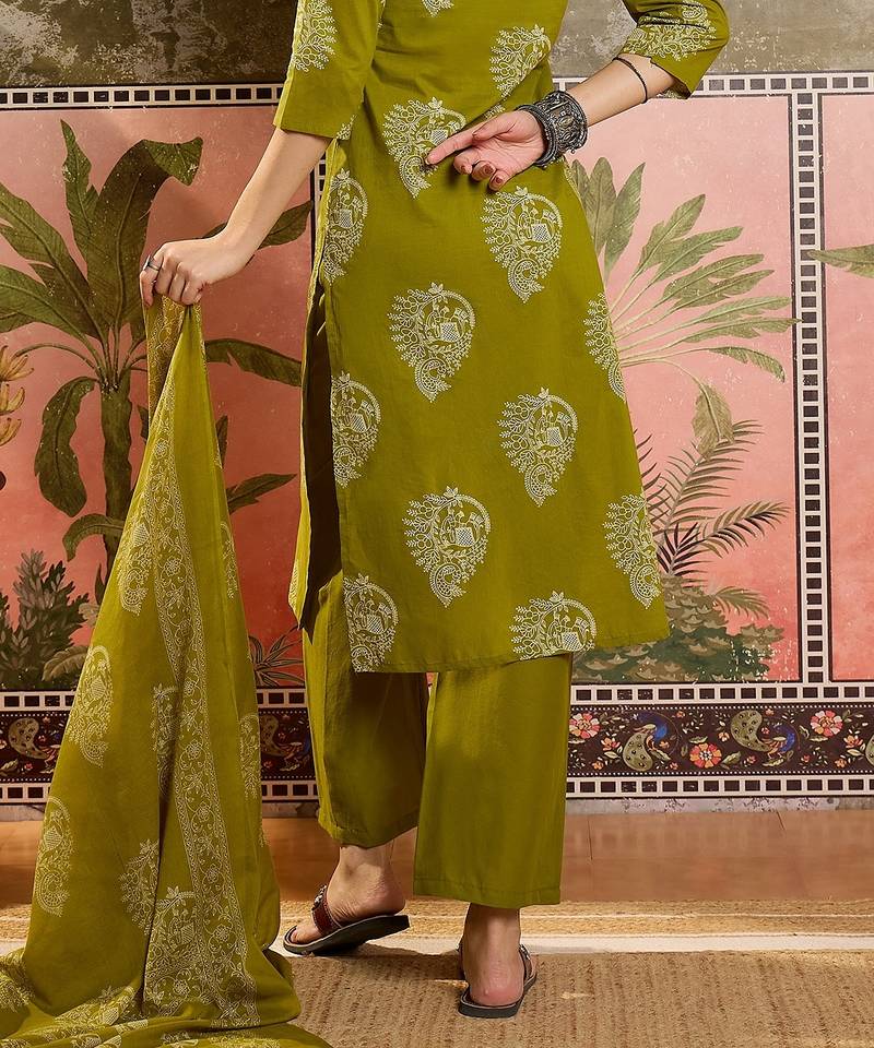 Green printed kurta with trousers & dupatta set