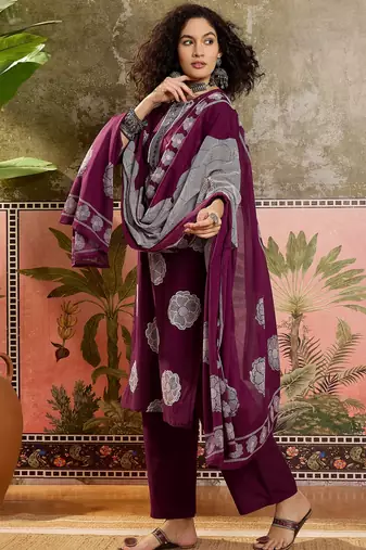 Wine printed kurta with trousers & dupatta set