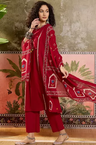 Red printed kurta with trousers & dupatta set