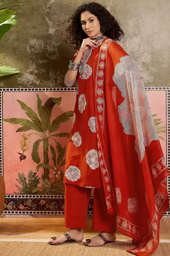 Rust orange printed kurta with trousers & dupatta set