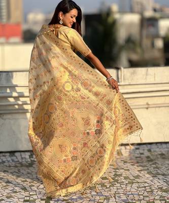 Beige woven zari floral & traditional motifs work silk blend fabric  traditional festive style 2