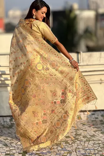 Beige woven zari floral & traditional motifs work silk blend fabric  traditional festive style