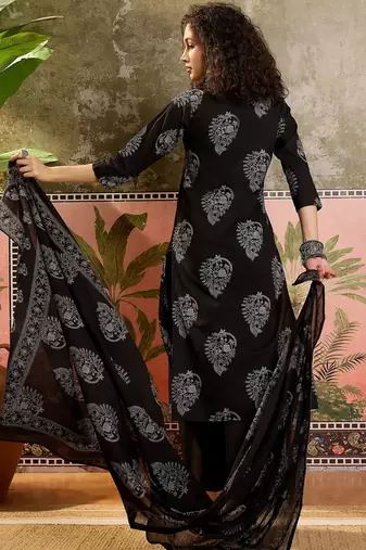 Black printed kurta with trousers & dupatta set