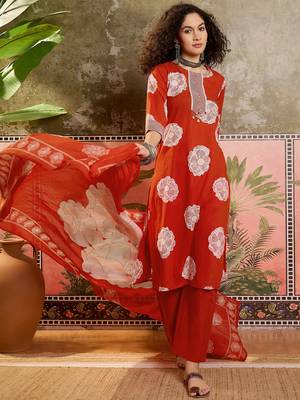 Rust orange printed kurta with trousers & dupatta set 4