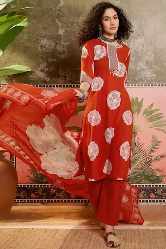 Rust orange printed kurta with trousers & dupatta set