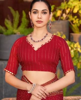 Red printed woven cotton silk bandhani saree with blouse 5