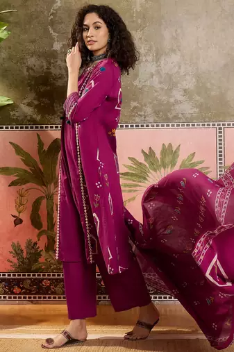 Wine printed kurta with trousers & dupatta set