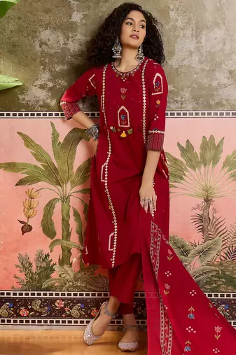Red printed kurta with trousers & dupatta set