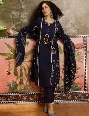 Blue printed kurta with trousers & dupatta set 4