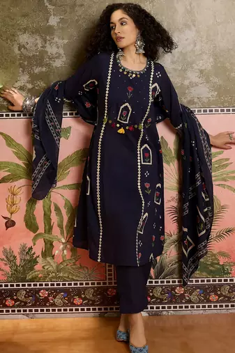 Blue printed kurta with trousers & dupatta set