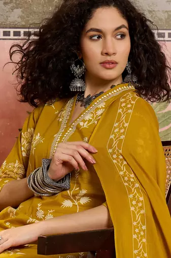 Mustard printed kurta with trousers & dupatta set