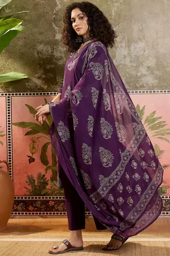 Purple printed kurta with trousers & dupatta set