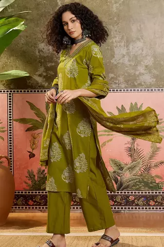 Green printed kurta with trousers & dupatta set