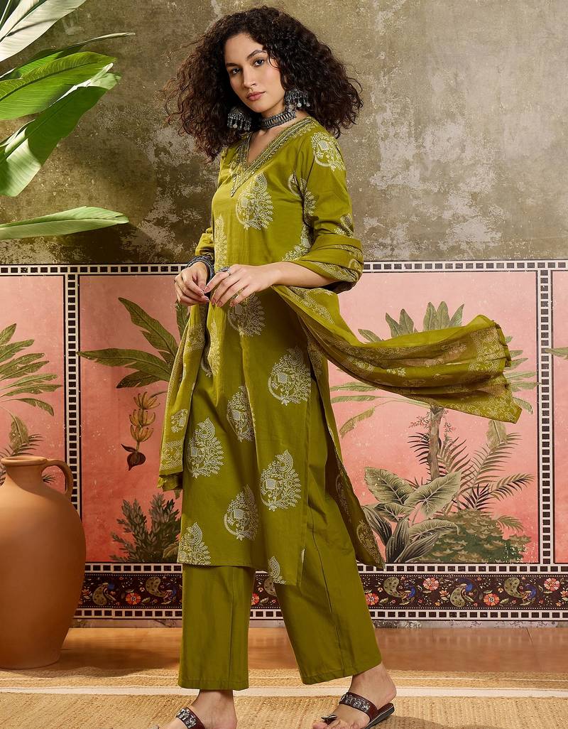 Green printed kurta with trousers & dupatta set