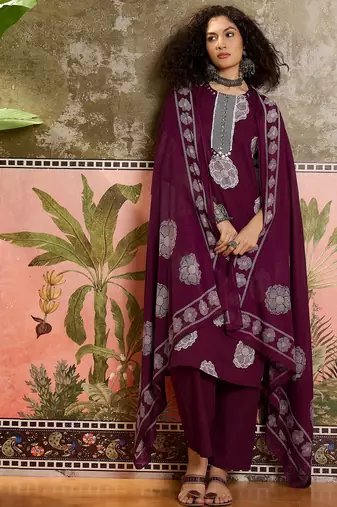 Wine printed kurta with trousers & dupatta set