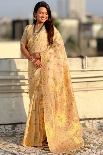 Beige woven zari floral & traditional motifs work silk blend fabric  traditional festive style